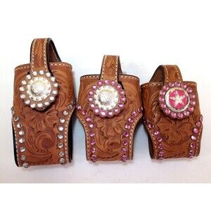 3 Vintage Cowboy Decor Leather & Rhinestones Western Flip Phone Case w/Belt Clip